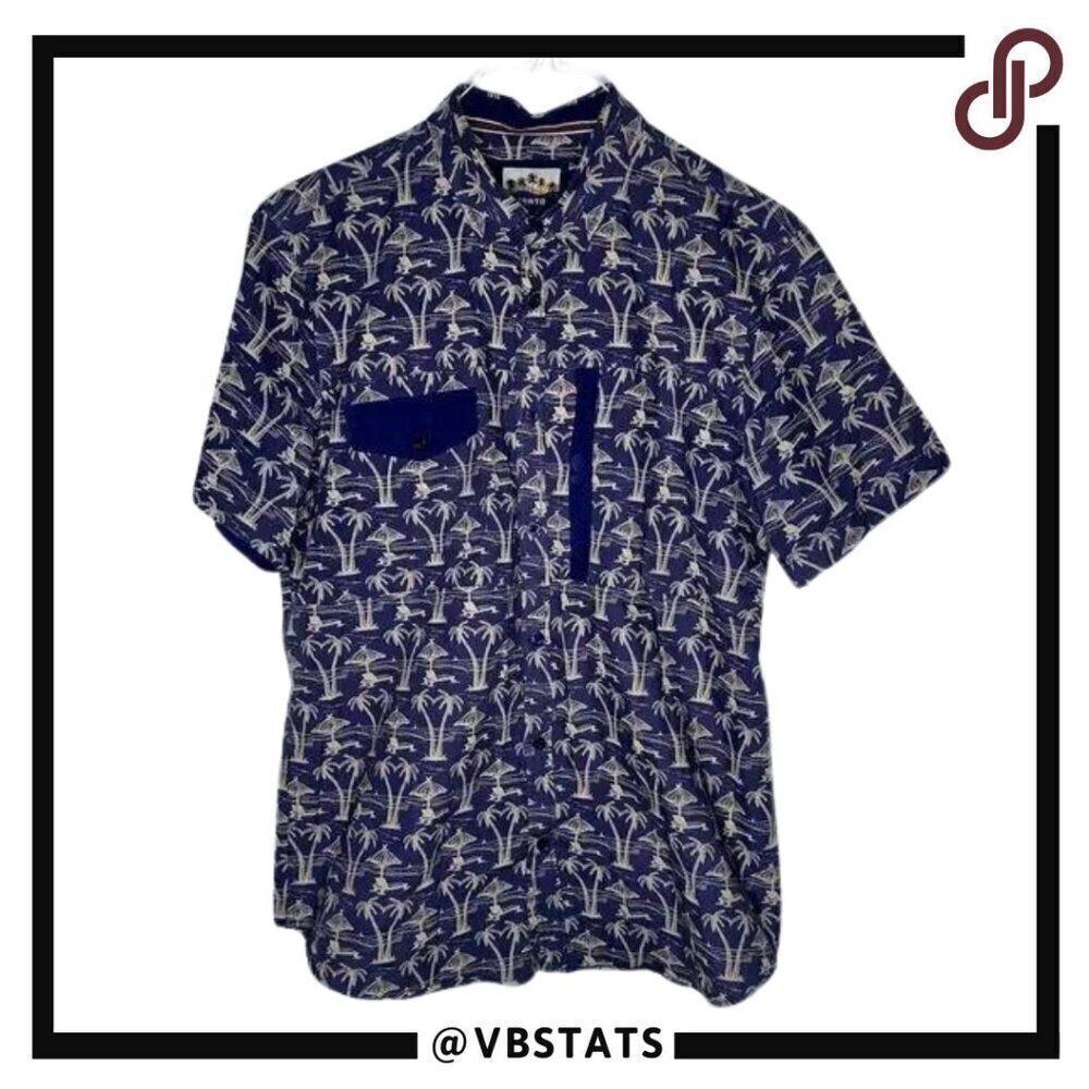 Prntd Large Navy/Khaki Graphic Tropical Print Short Sleeve Button‎ Down Shirt